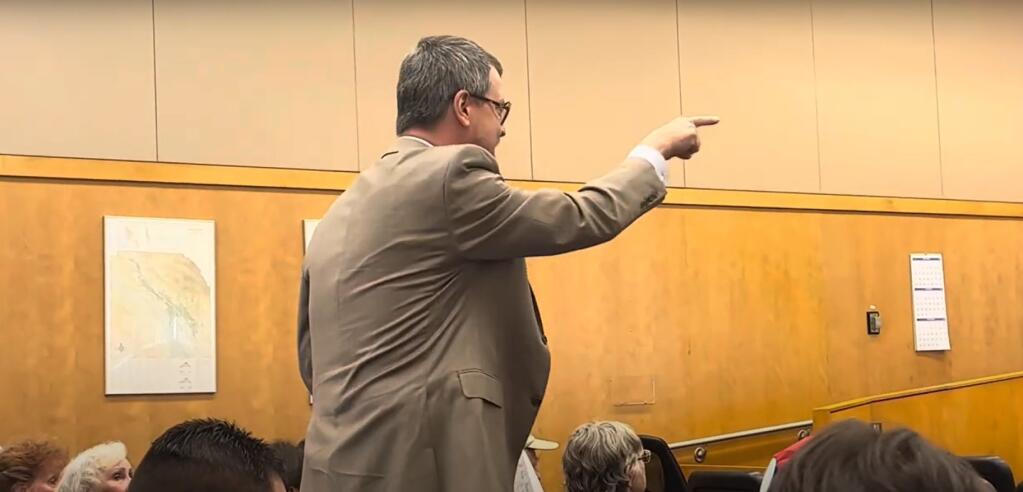 This screenshot from a video shows Sebastopol resident John Loe delivering a tirade to Sonoma County Supervisors at the Board of Supervisors meeting in Santa Rosa, Tuesday, Oct. 3, 2023. (The Press Democrat / YouTube)