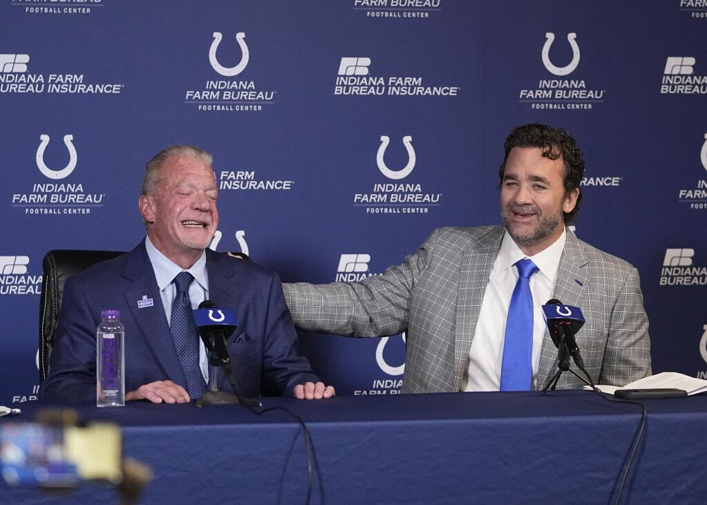 Interim Colts coach Jeff Saturday, right, speaks while team owner Jim Irsay listens during a news conference at the team’s practice facility Monday, Nov. 7, 2022, in Indianapolis. (Darron Cummings / ASSOCIATED PRESS)