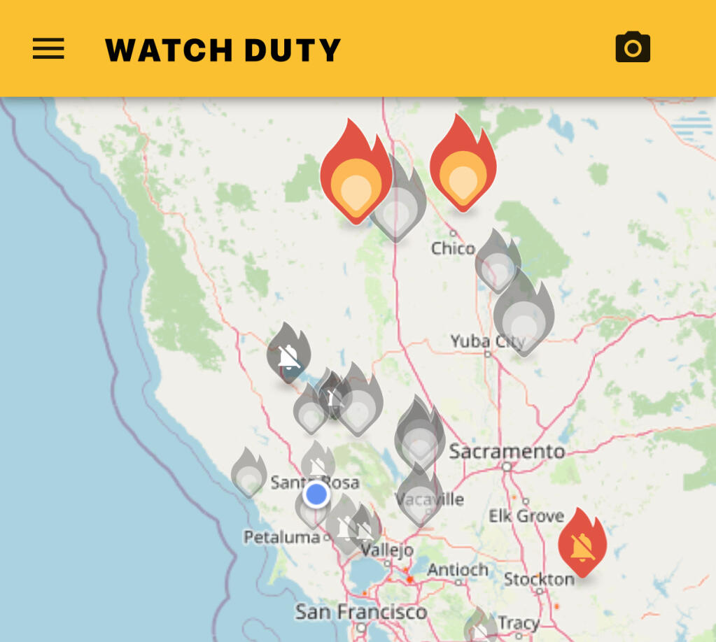 The Watch Duty app sends push alerts when there is a potentially threatening wildfire nearby. (screenshot)