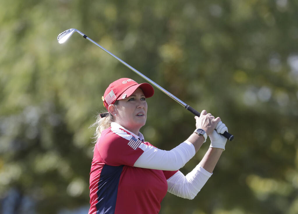 Cristie Kerr of the United States watches her shot on the 5th hole during the Singles match against Georgia Hall of England at the UL International Crown golf tournament at the Jack Nicklaus Golf Club Korea, in Incheon, South Korea, Sunday, Oct. 7, 2018. (AP Photo/Lee Jin-man)