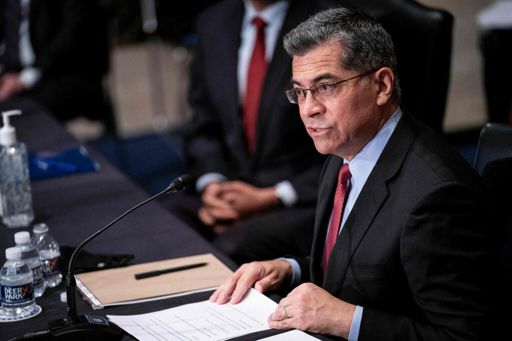 Xavier Becerra speaks Tuesday during his Senate confirmation hearing in Washington on Tuesday. (SARAH SILBIGER / New York Times)