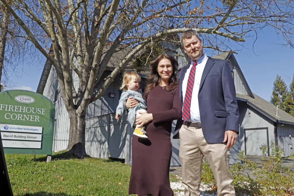 It's a family affair: Eva, Samantha Smith and John Lobro in front of what they hope becomes the first Loe Firehouse dispensary, in Glen Ellen, on March 19, 2021. (Christian Kallen/Sonoma Index-Tribune)