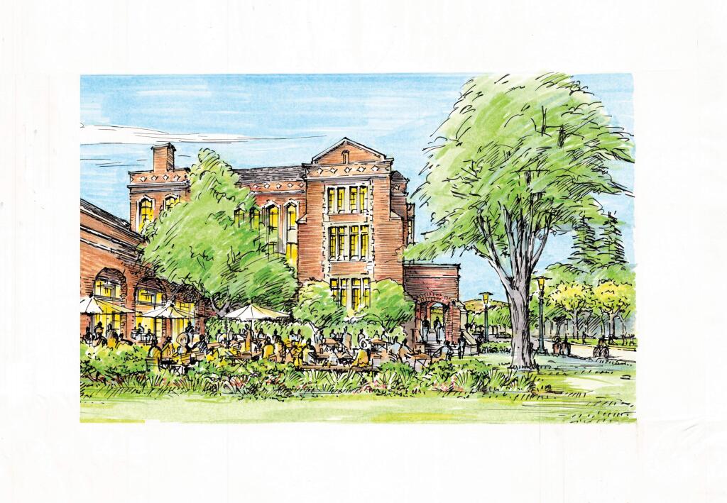 This drawing shows the exterior view of the proposed future transformation of the Sonoma Developmental Center property. (Courtesy of Eldridge Renewal)