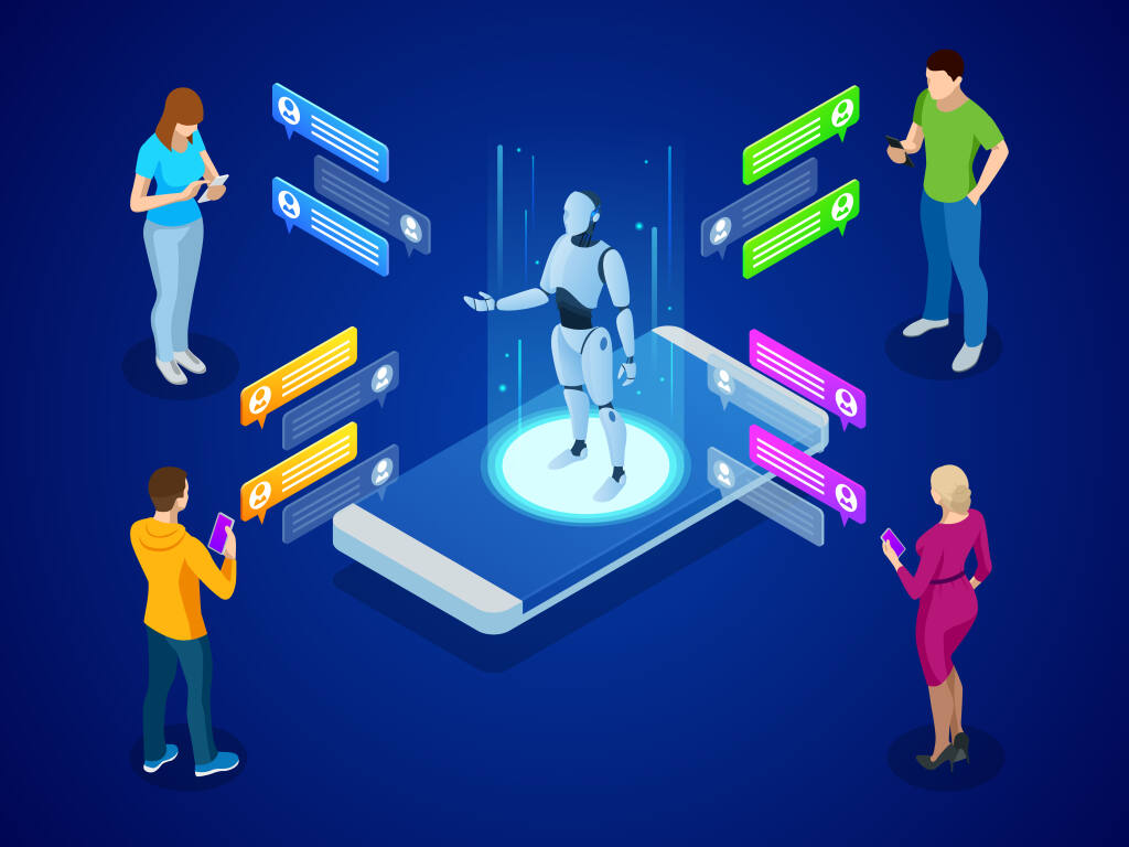 An illustration of men and women using a chatbot smartphone application, shown as a robot standing on a central lighted platform shaped like a large smartphone.
