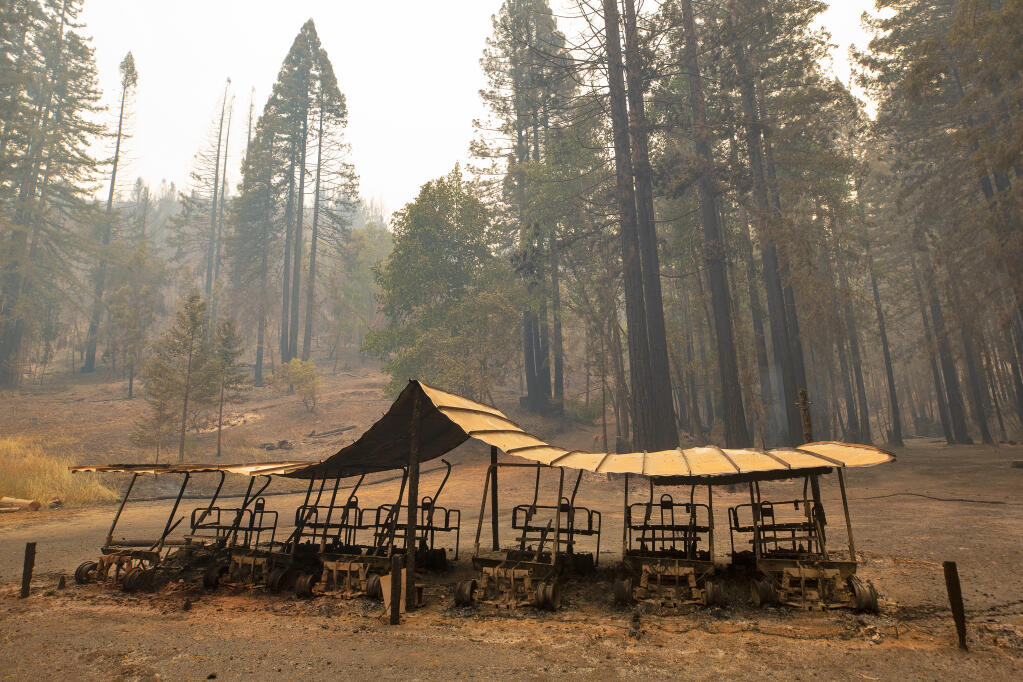 A burned remains of an outbuilding off Mill Creek Road after the Walbridge fire passed through the area, near Healdsburg, on Thursday, Aug. 20, 2020. (Alvin A.H. Jornada / The Press Democrat)