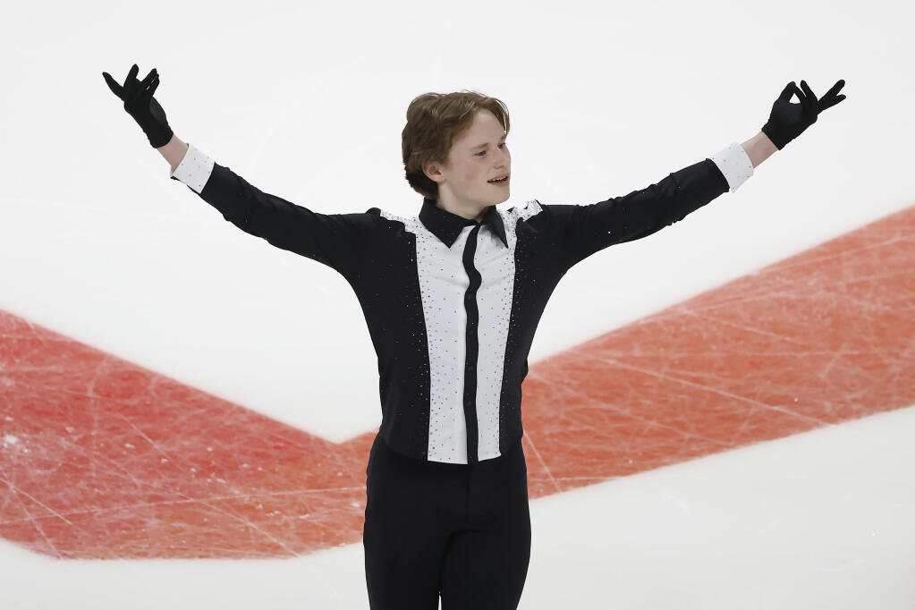 Ilia Malinin gestures after his performance Friday during the men’s short program at the U.S. figure skating championships in San Jose. (Josie Lepe / ASSOCIATED PRESS)