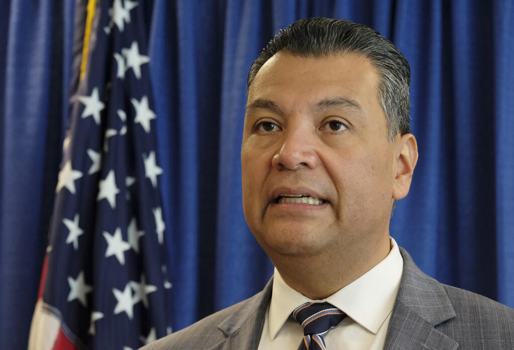 FILE - In this Nov. 2, 2018, file photo, then-California Secretary of State Alex Padilla speaks in San Francisco. Padilla, now a U.S. senator, held a roundtable about wildfire response Friday in Santa Rosa. (AP Photo/Eric Risberg, File)
