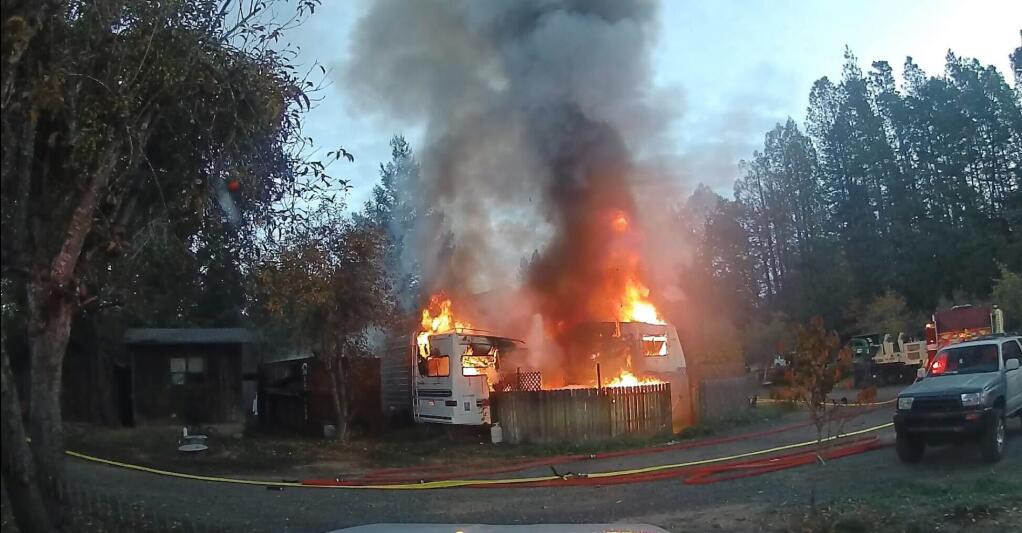 The Graton Fire Department was dispatched about 7 a.m. Sunday to the 7000 block of Occidental Road, where they and other responding units found a travel trailer ablaze. (Courtesy of Graton Fire Department)