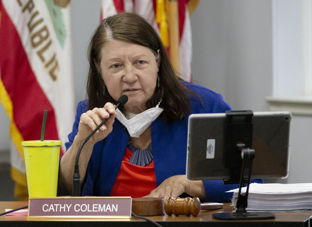 President Cathy Coleman at the Sonoma Valley Unified School District Board of Trustees meeting on May 17, 2022. (Robbi Pengelly/Index-Tribune)
