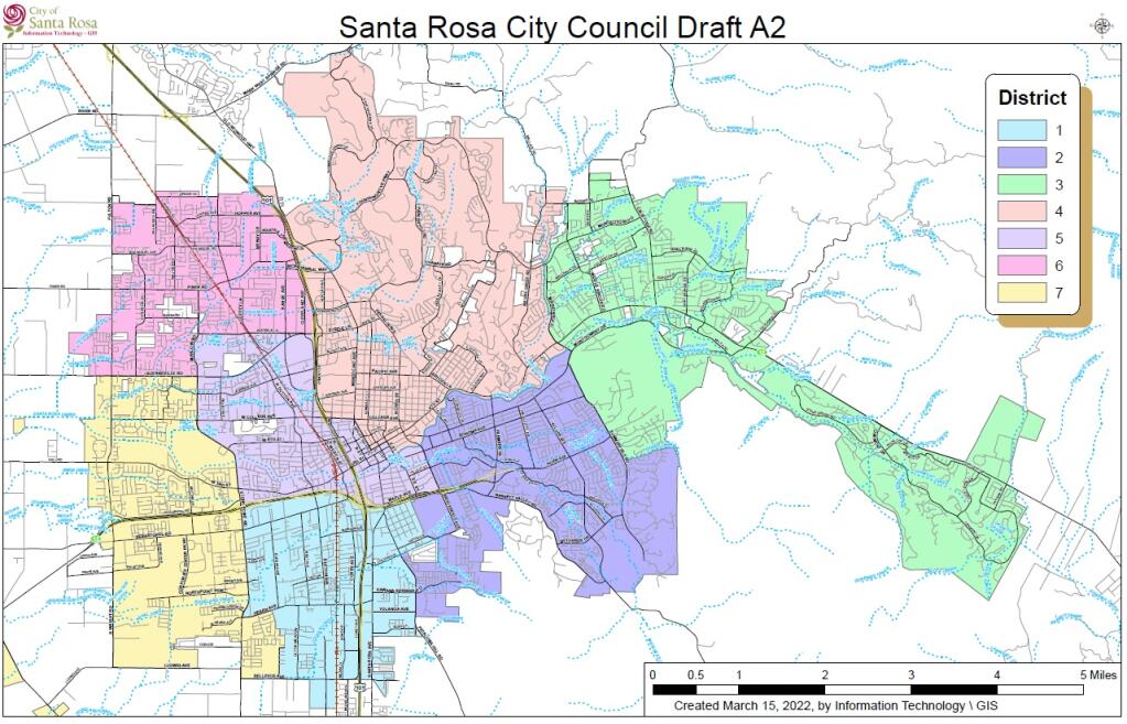 The Santa Rosa City Council is considering a final redistricting map, known as Draft A2, that makes minimal changes to the existing seven council districts.