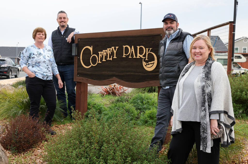 Former Coffey Strong board members Annie Barbour, left, Jeff Okrepkie, Steve Rahmn, and Pamela Van Halsema used the lessons, expertise, and skills they acquired in their neighborhood support group to launch new careers.  (Christopher Chung / The Press Democrat)