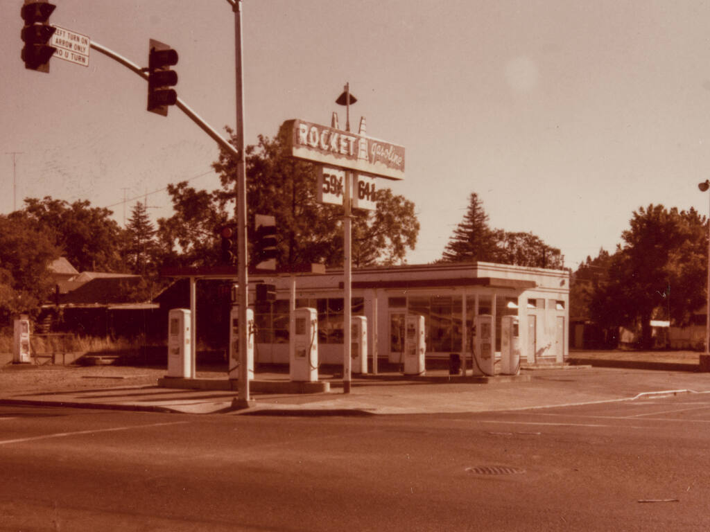 Gas prices at Rocket Gasoline in Healdsburg in 1977 was between and 59 and 64 cents a gallon, as shown in this photo. Rocket Gasoline was at the corner of Piper Street and Healdsburg Avenue. (Sonoma County Library)