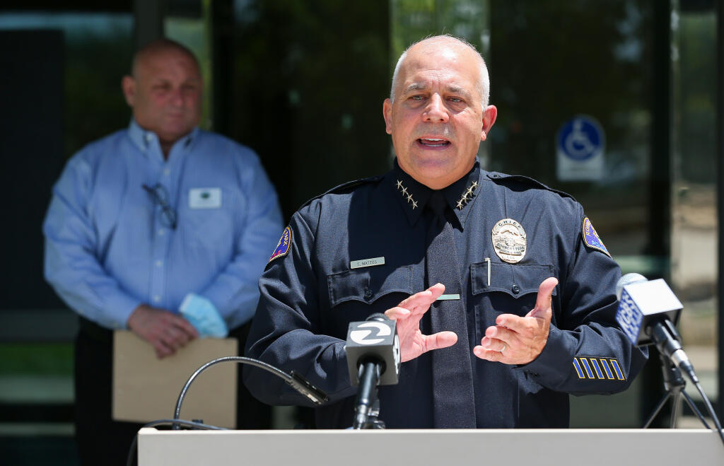 Rohnert Park Department of Public Safety Director Tim Mattos addresses the media during a press conference in Rohnert Park on Tuesday, July 27, 2021. Mattos will be leading a virtual discussion about the department’s new police accountability measures on Monday. (Christopher Chung/ The Press Democrat)