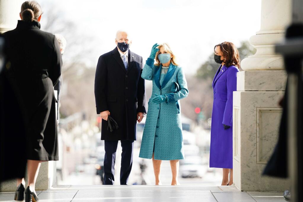 President-elect Joe Biden and First Lady-elect Jill Biden, dressed in Markarian, arriving at the inauguration on Jan. 20.