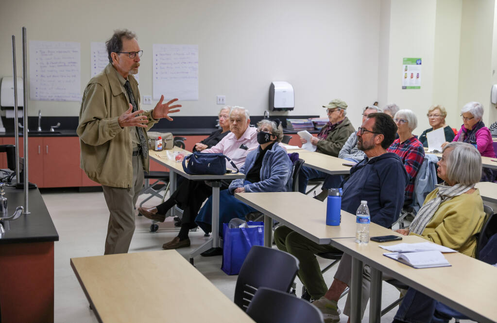 Teacher Mick Chantler talks about Theodore Roosevelt in the years after his presidency during an Osher Lifelong Learning Institute class at Sonoma State University in Rohnert Park on Monday, October 31, 2022.  (Christopher Chung/The Press Democrat)