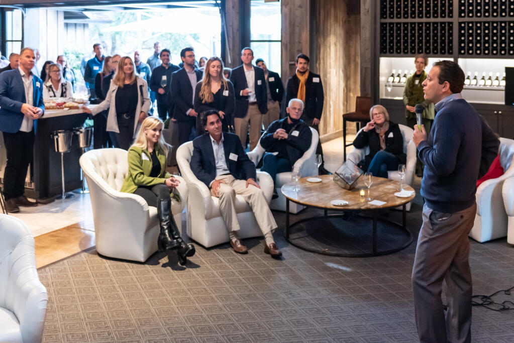 Zachary Kushel, founder and managing partner of Marin Sonoma Impact Ventures, speaks at the MSIV launch gathering at Ram's Gate Winery in Sonoma, in October 2021. (Owen Kahn Photography)