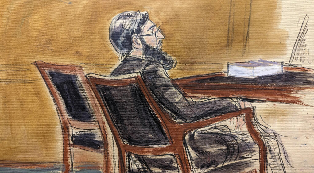 In this courtroom sketch, in federal court in New York, Thursday, Jan. 26, 2023, Sayfullo Saipov sits in court during jury deliberations (AP Photo/Elizabeth Williams)