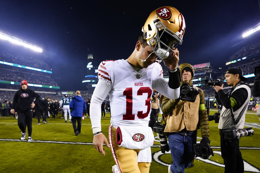 49ers quarterback Brock Purdy leaves the field after the NFC championship game against the Eagles on Sunday, Jan. 29, 2023, in Philadelphia. The Eagles won 31-7. (Chris Szagola / ASSOCIATED PRESS)