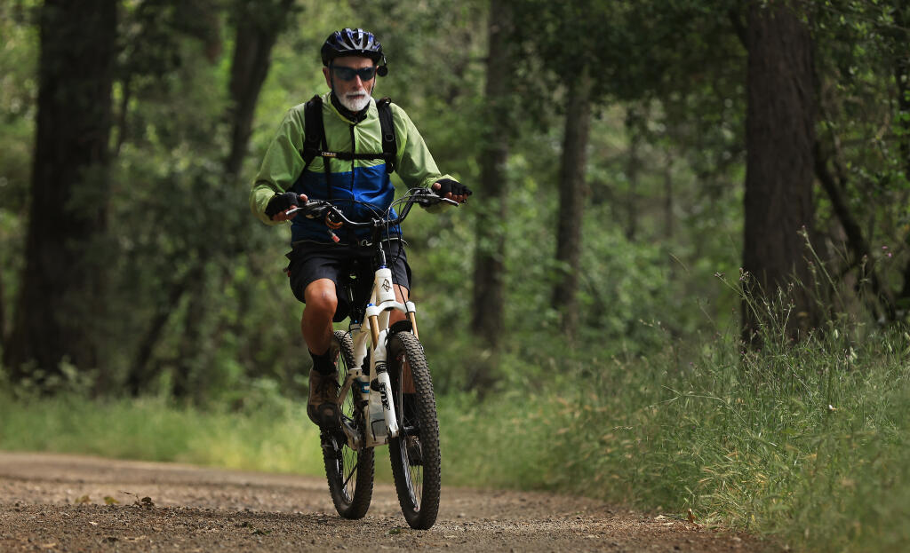 Jim Jorissen, 90, rides the Warren-Richardson Trail in Trione-Annadel State Park in Santa Rosa, Thursday, June 1, 2023. (Kent Porter / The Press Democrat)