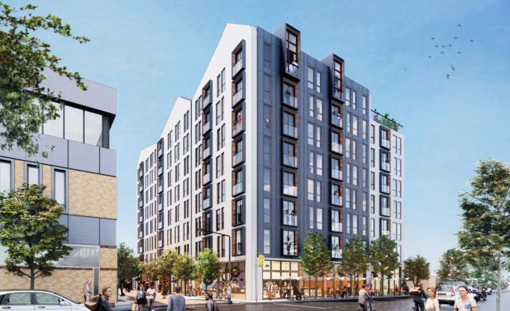 A rendering of Cornerstone Properties’ proposed Ross Street development, replacing a parking lot with an eight-story apartment tower. (City of Santa Rosa)