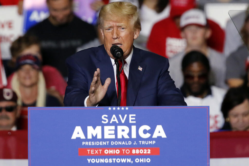 FILE - Former President Donald Trump speaks at a campaign rally in Youngstown, Ohio., Sept. 17, 2022. (AP Photo/Tom E. Puskar, File)