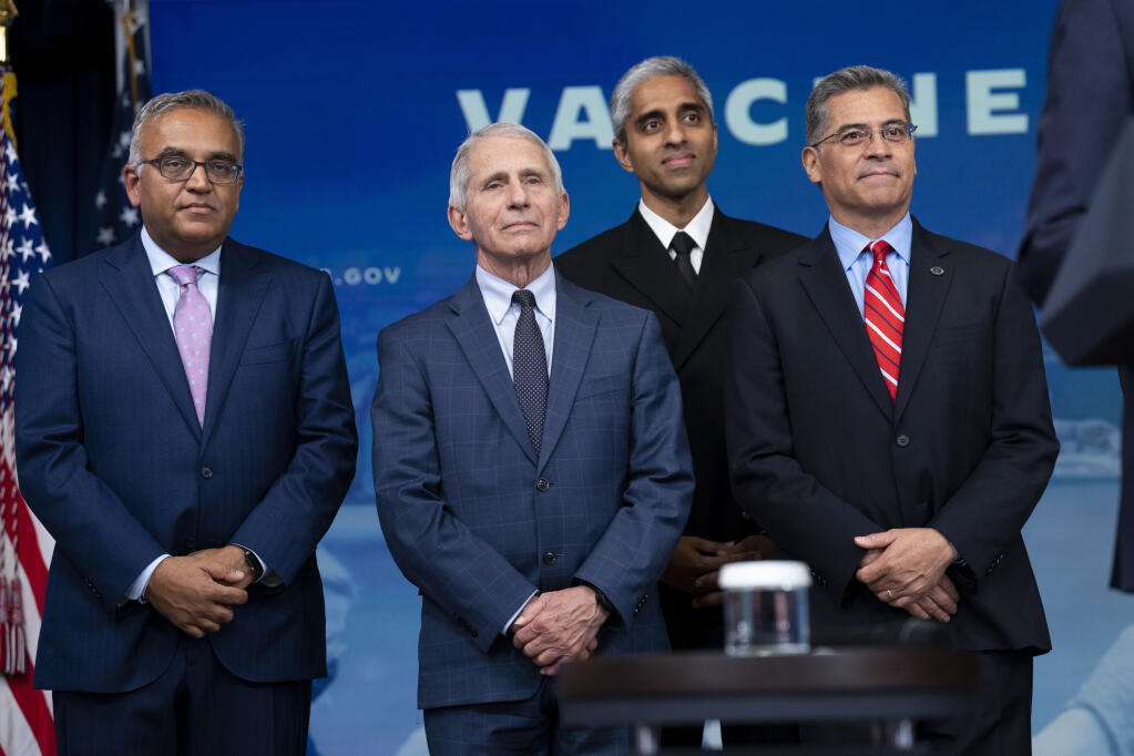 FILE — From left, Dr. Ashish K. Jha, the White House coronavirus response coordinator; Dr. Anthony S. Fauci, President Biden’s chief medical adviser; Dr. Vivek H. Murthy, the surgeon general; and Xavier Becerra, the secretary of health and human services, as they listen to President Joe Biden in the White House, Washington, on Oct. 25, 2022. The coronavirus public health emergency, declared by the Trump administration in 2020, will expire on Thursday, May 11, 2023; interviews with senior health officials suggest the nation is not ready for a new pandemic. (Doug Mills/The New York Times)