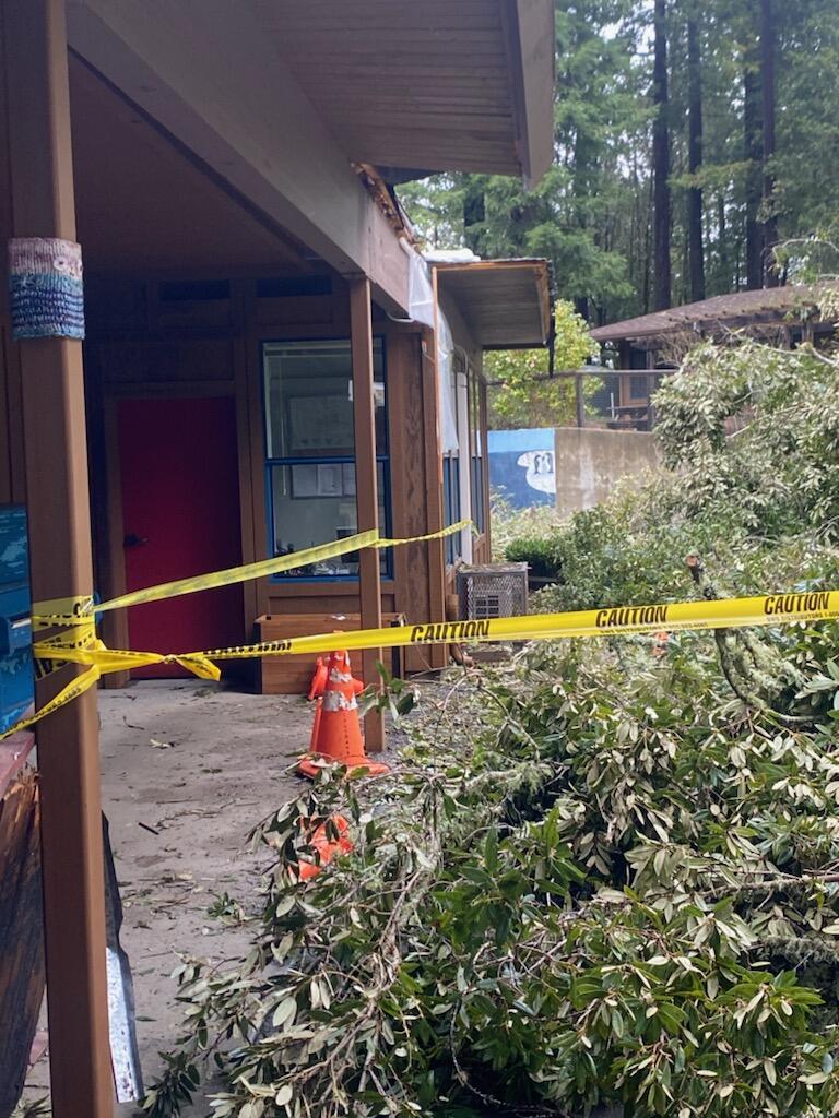 Damage to the roof of Fort Ross School on Monday morning, Feb. 5, 2024, after a tree fell on it during Sunday’s storm.  (Fort Ross Superintendent Jennifer Dudley)