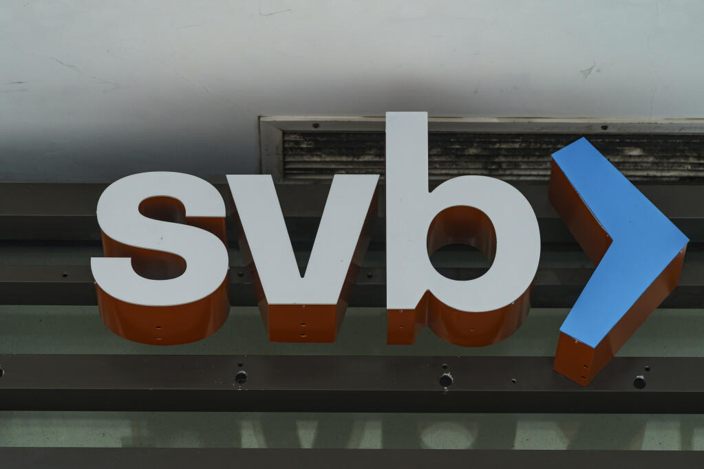 FILE - The Silicon Valley Bank logo is seen at an open branch in Pasadena, Calif., on March 13, 2023. (AP Photo/Damian Dovarganes, file)
