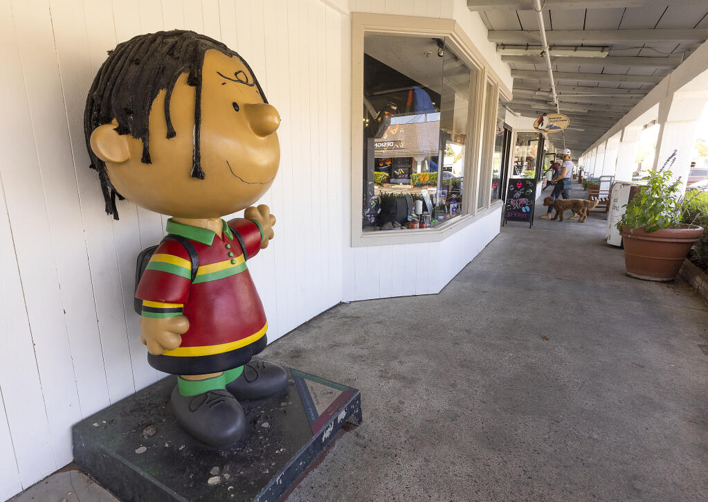 The Rasta Charlie Brown statue outside of Sonoma Outfitters in Santa Rosa’s Montgomery Village will be moved inside the store after the business was informed they could no longer display him. Photo taken Tuesday, Aug. 30, 2022. (John Burgess/The Press Democrat file)