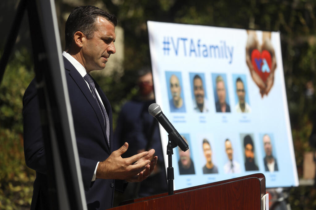 FILE - In this May 27, 2021, file photo, San Jose Mayor Sam Liccardo speaks during a news conference honoring nine people killed by a coworker in San Jose, Calif. Gun owners would be required to carry liability insurance and pay a fee under a proposed ordinance in the city of San Jose that officials say would be the first of its kind in the United States. Mayor Liccardo says it would also encourage the 5,500 households with a legally registered gun to have gun safes, trigger locks, and to take gun safety classes. (Aric Crabb/Bay Area News Group via AP, File)