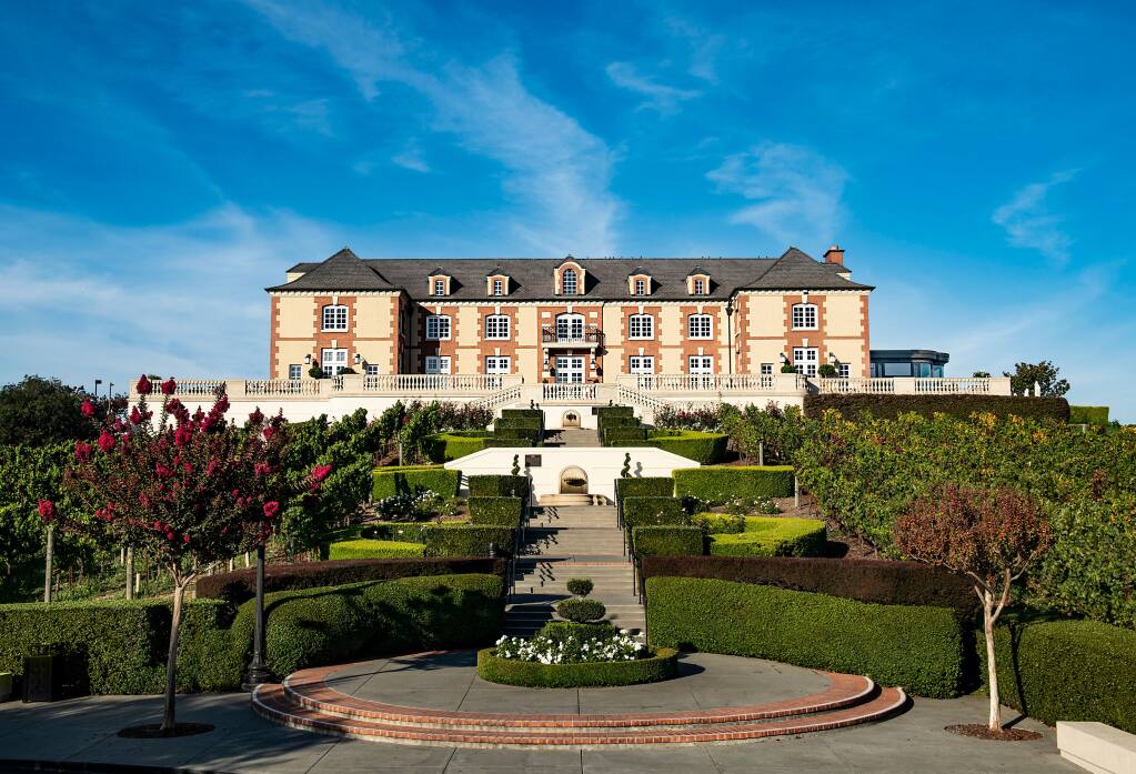 The hillside chateau, with terraces that overlook a weave of vines, has a grand staircase and marble floored salons. In the entryway, there’s a portrait of Madame de Pompadour, who famously introduced sparkling wine to the court at Versailles. She declared it “the only wine that a woman can drink and remain beautiful.” (Domaine Carneros)