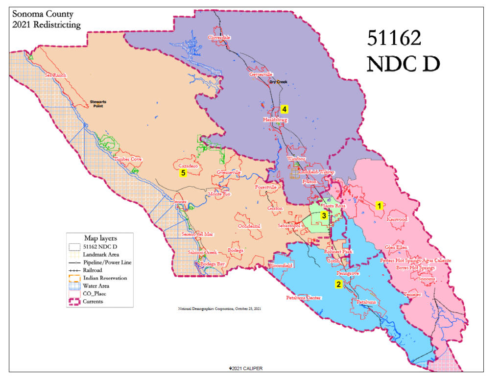 A new proposed map for Sonoma County’s five supervisorial districts would put all of Rohnert Park in District 5, which includes otherwise mostly rural and coastal areas. (County of Sonoma)