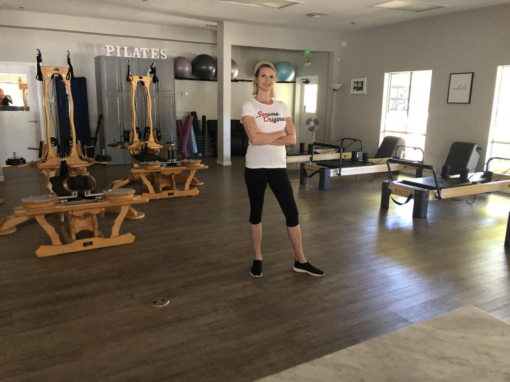 Owner Sue Aslin inside the newly remodeled and expanded Studio M pilates in Sonoma. Photo credit Jane Seigel.