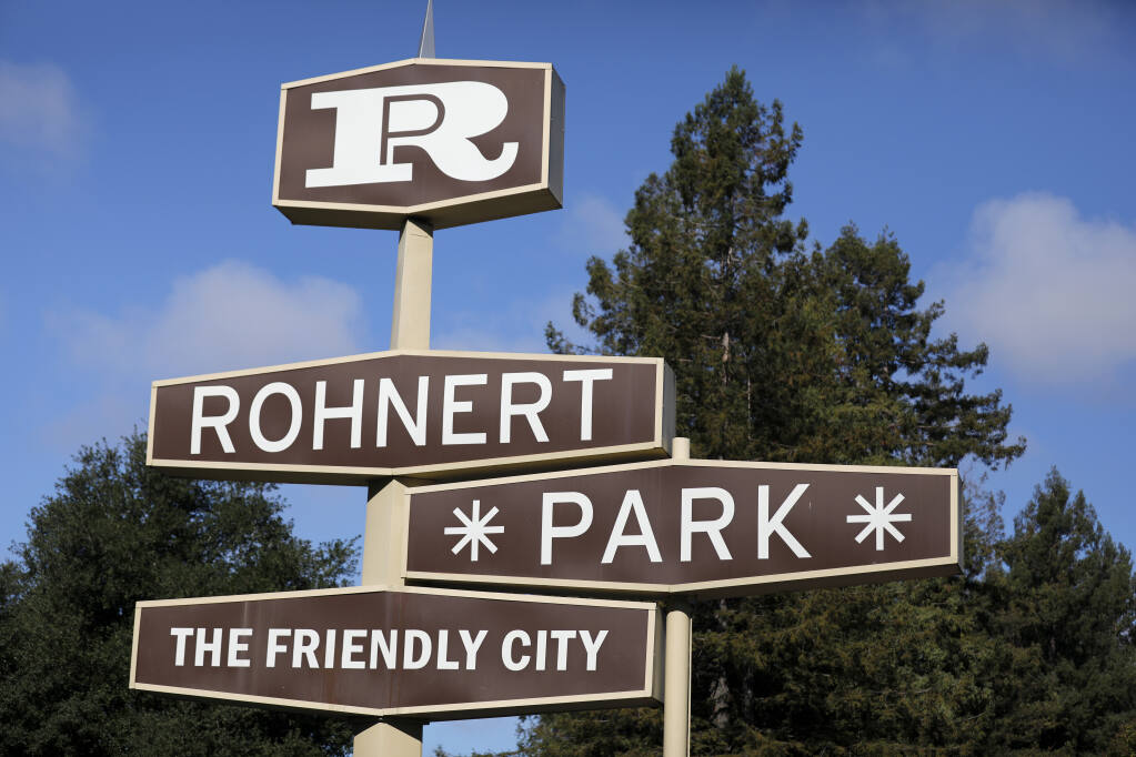 The Rohnert Park sign on Commerce Boulevard in Rohnert Park on Wednesday, Oct. 27, 2021. (Beth Schlanker/The Press Democrat)
