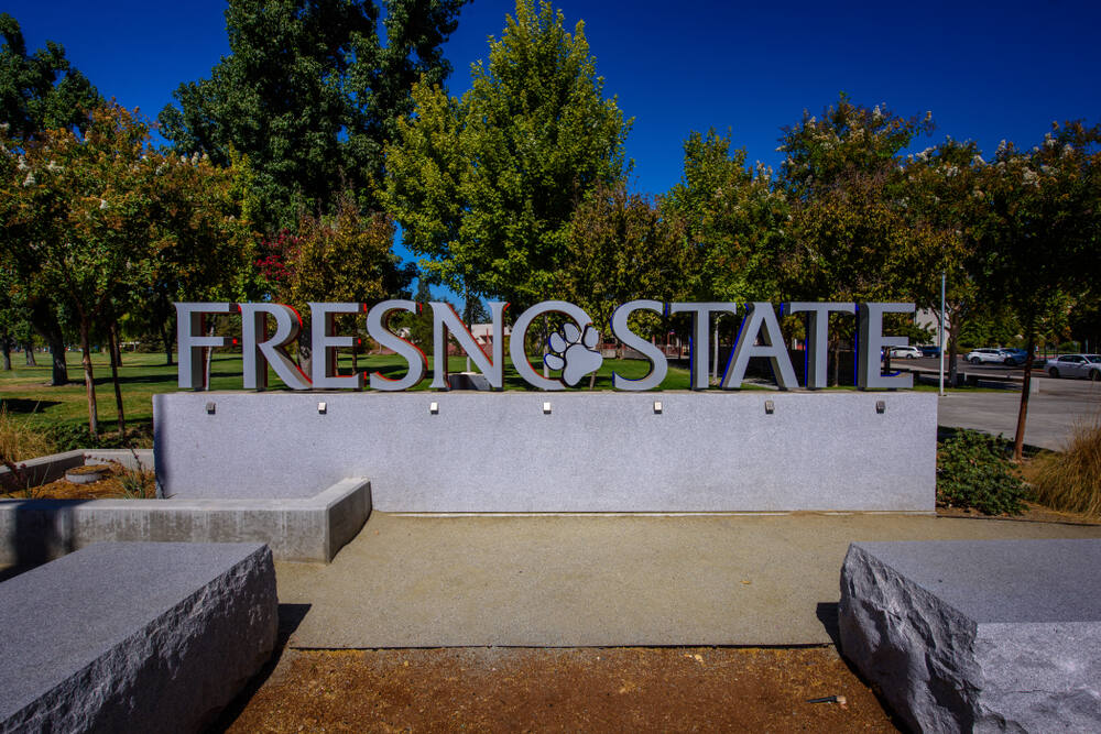 The entrance sign to the campus of Fresno State University in Fresno, California. (Kristopher Kettner/Shutterstock)