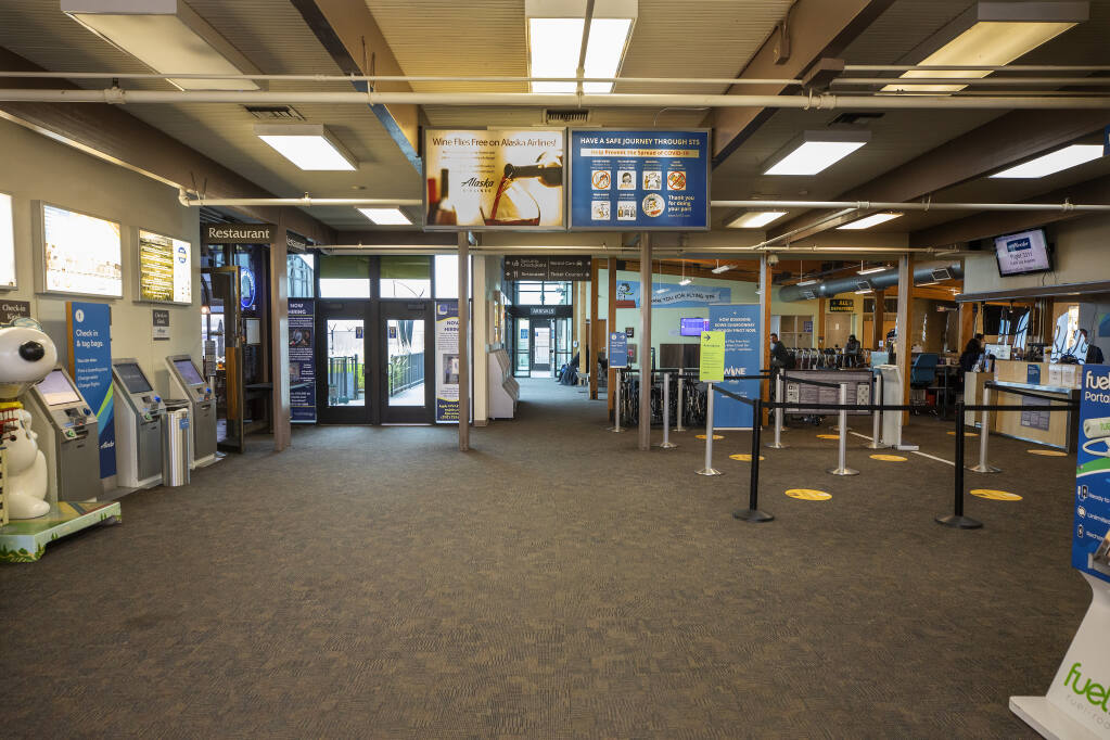 The lobby of Charles M. Schulz-Sonoma County Airport main terminal looking west. The $31 million renovation of the airport will move the baggage claim to the south end of the building, among other updates. (John Burgess / The Press Democrat)