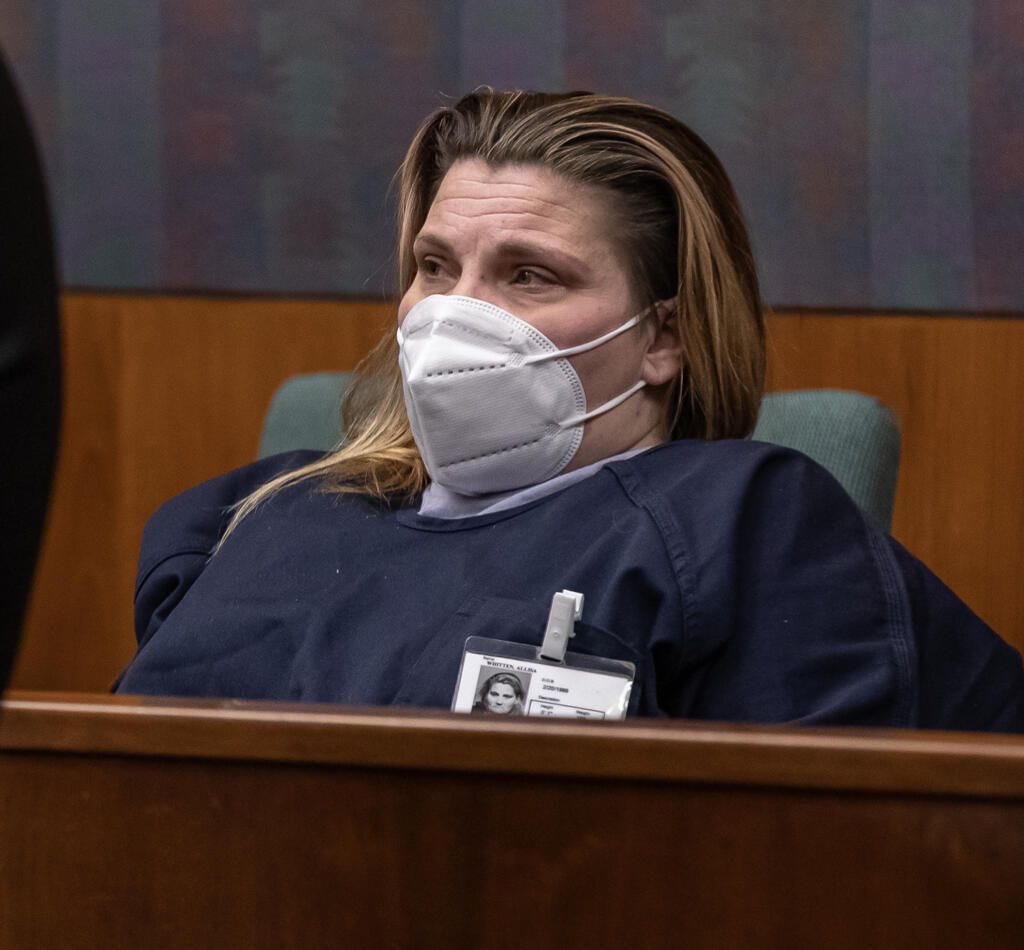 Allisa Whitten listens to victim statements read by the family Oswaldo Cardenas Jr., 18. during Whitten’s hit and run sentencing Friday in Sonoma County Superior Court, Jan. 19, 2024. Cardenas was struck and killed while walking on River Road with friends on Aug. 27, 2023. (Chad Surmick / The Press Democrat)