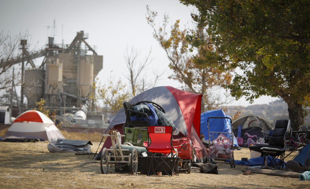 The homeless camp along the Petaluma River at Steamer Landing Park on Wednesday, Sept. 15, 2021. Petaluma has restored water access for a Steamer Landing homeless encampment after residents and activists protested the shutoff this week. (CRISSY PASCUAL/ARGUS-COURIER STAFF).