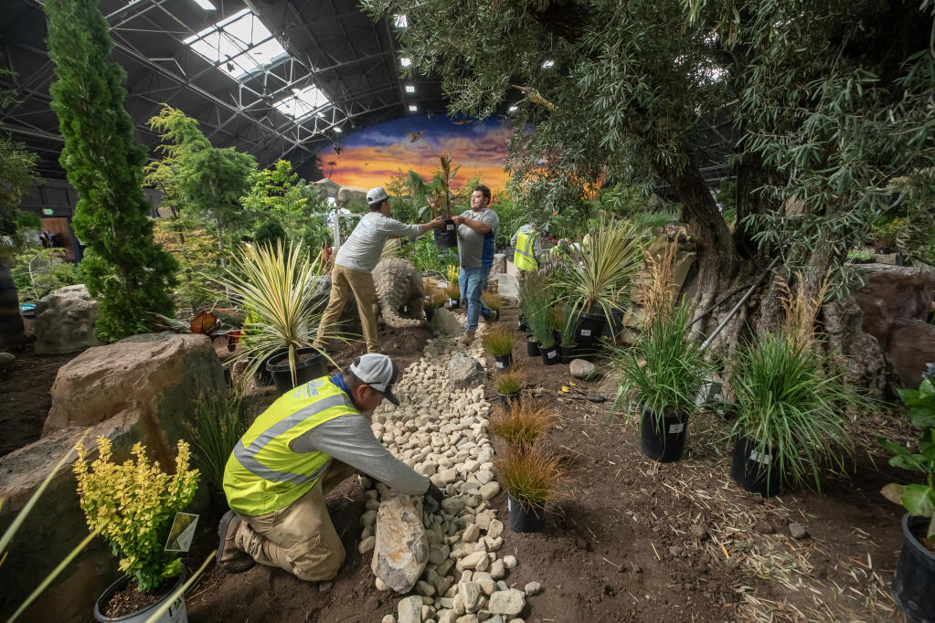 Jose Soto hands Adrian Soto a canna lily as the Soto family of Highland Landscaping work on laying rock and placing plants at the their garden display at the Sonoma County Fair’s Hall of Flowers, Wednesday July 26, 2023. (Chad Surmick / The Press Democrat)