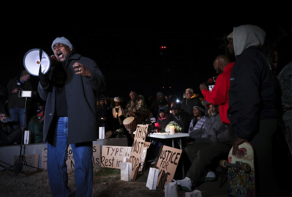 Pastor Andre Johnson speaks at a candlelight vigil for Tyre Nichols, who died after being beaten by Memphis police officers, in Memphis, Tenn., Thursday, Jan. 26, 2023. (Patrick Lantrip/Daily Memphian via AP)