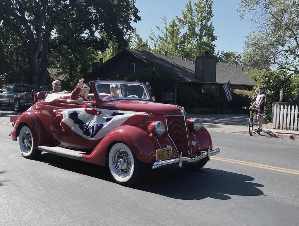Classic cars encircling Sonoma on July 4, 2020, as the pandemic kept people at home and there was no city 4th of July Parade. The Devils Darlin's will repeat the classic car this 4th of July, and anyone with a classic car or truck can participate. (Lorna Sheridan/IT file photo)