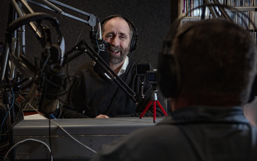 Tim Zahner, executive director of the Sonoma Valley Visitors Bureau, interviews Andrew J. Smith, hospitality and sales manager at Sangiacomo Vineyards, for the Sonoma Spiel podcast on Friday, Jan. 6, 2023. (Robbi Pengelly/Index-Tribune)
