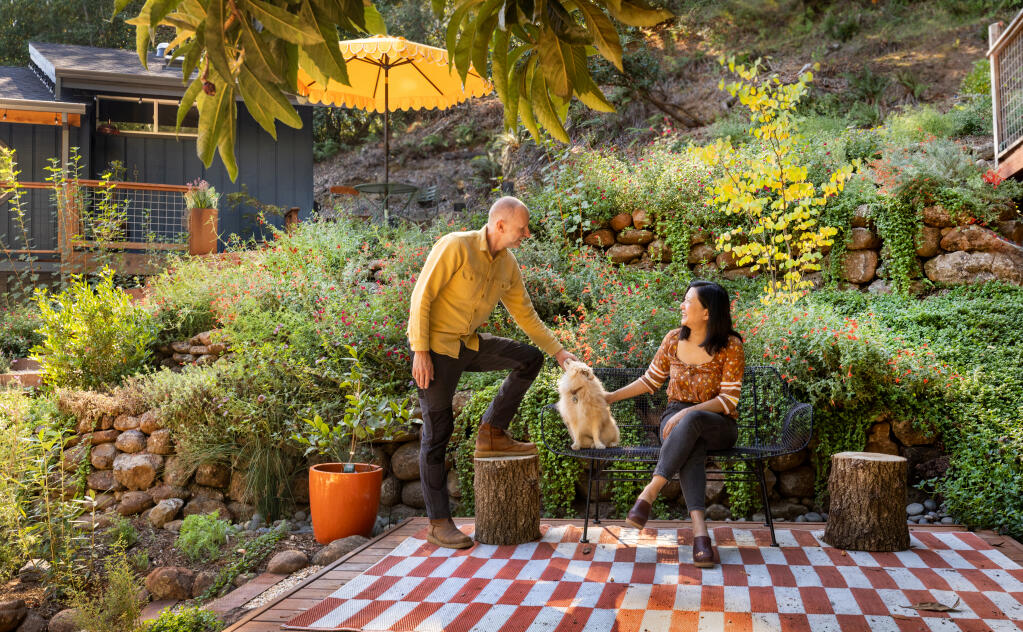 Stephanie Pau and James Williams created an outdoor patio in the middle of their California native garden on their hillside property in Forestville. Photo taken Wednesday, Oct. 4, 2023. (John Burgess / The Press Democrat)