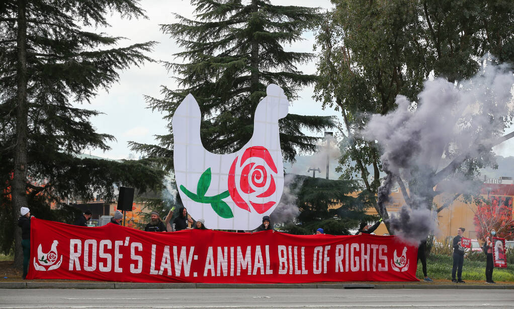 Direct Action Everywhere activists hold a protest and vigil near a poultry processing plant along Lakeville Highway in Petaluma on Tuesday, December 7, 2021.  (Christopher Chung/ The Press Democrat)