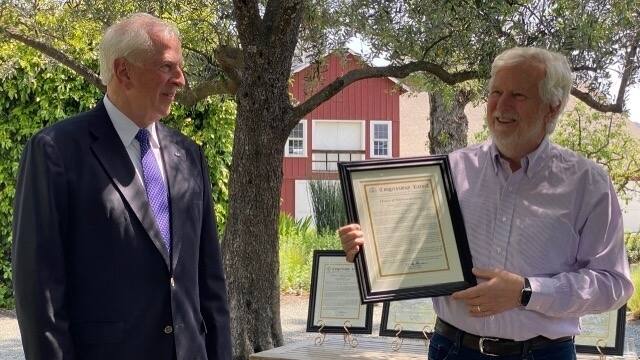 Congressman Mike Thompson with John Williams (right), founder of Frog’s Leap Winery in the Napa Valley. Williams received the representative’s “2022 Napa County Climate Crisis Champion.”  (Courtesy Photo)