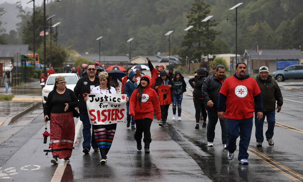 About 150 people participate in a Missing and Murdered Indigenous Women march in Klamath, Thursday, May 5, 2022. (Kent Porter/The Press Democrat)