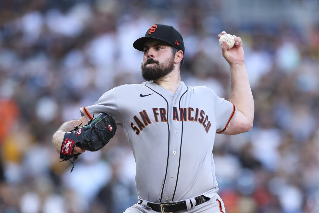 San Francisco Giants starting pitcher Carlos Rodón delivers to a Padres batter in the ninth inning on Saturday, July 9, 2022, in San Diego. (Derrick Tuskan / ASSOCIATED PRESS)