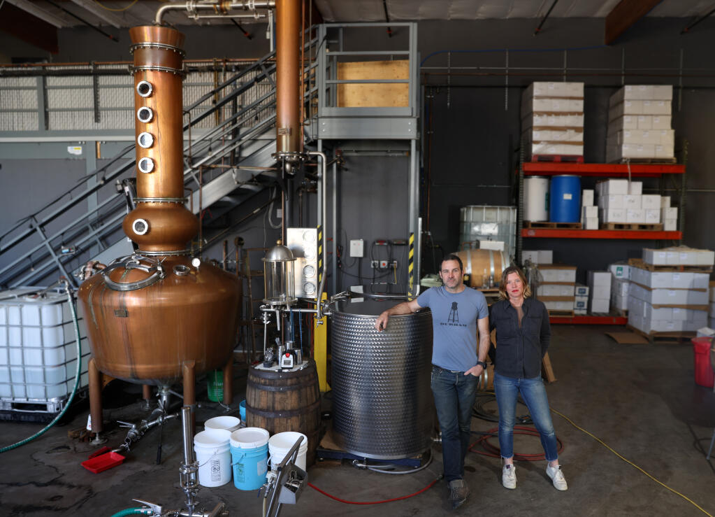 Owners Jenny and Mike Griffo at Griffo Distillery in Petaluma on Tuesday, Feb. 21. (Beth Schlanker/The Press Democrat)