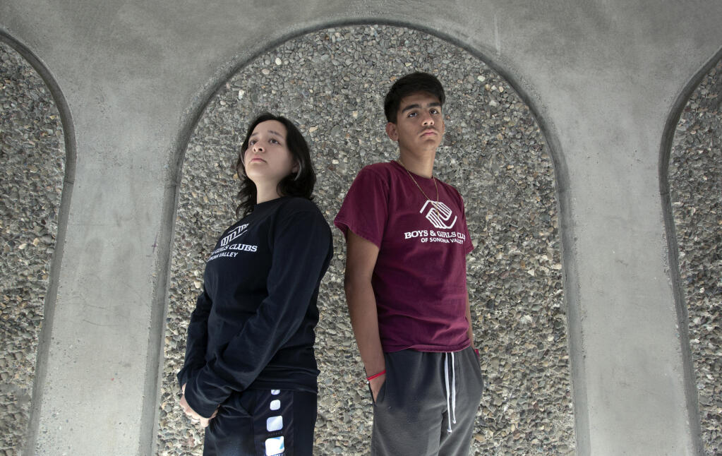 Fernanda Alvarez Cisneros and Oscar Fernandez Garcia of the Boys & Girls Clubs of Sonoma Valley recalled how people helped them and others during the Nuns Fire of 2017. Photo taken at Altimira Middle School, where they serve as volunteers, on Wednesday, Oct. 5, 2022. (Robbi Pengelly/Index-Tribune)