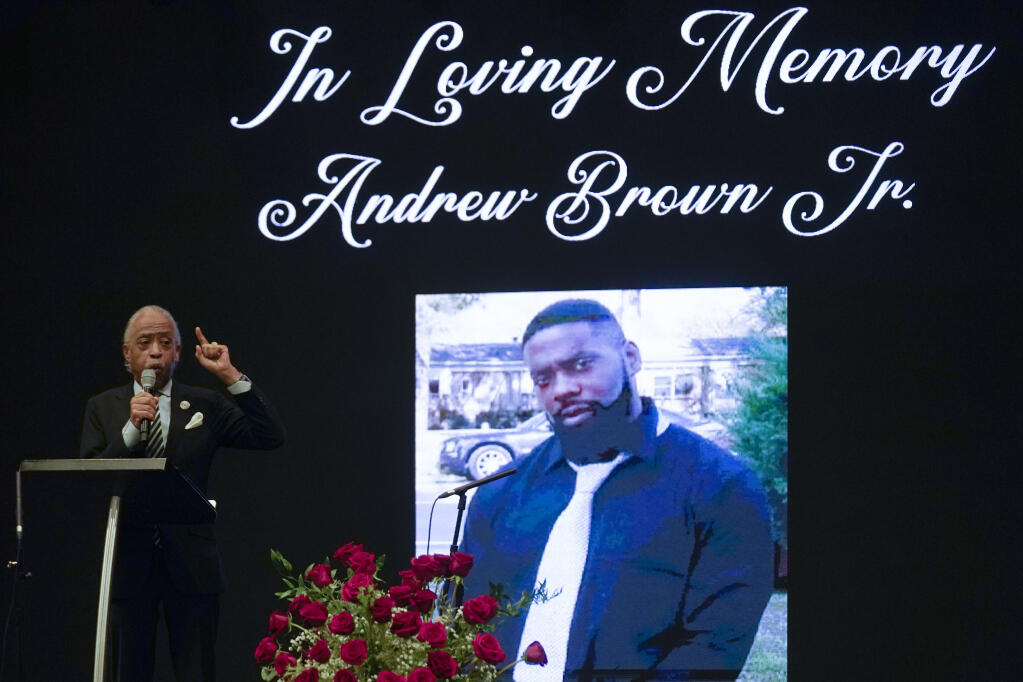 Rev. Al Sharpton speaks during the funeral for Andrew Brown Jr., Monday, May 3, 2021 at Fountain of Life Church in Elizabeth City, N.C. Brown was fatally shot by Pasquotank County Sheriff deputies trying to serve a search warrant. (AP Photo/Gerry Broome)